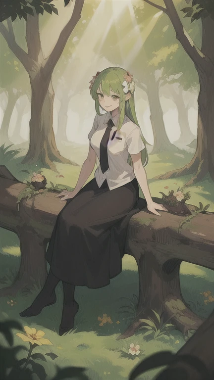 (One girl ,20th Generation,Mature Woman,Adult),Happy,White shirt,Short sleeve,Black standard tie green hair,Long Hair,(forest,sunlight),whole body,Mandrake, flower, Grapevine