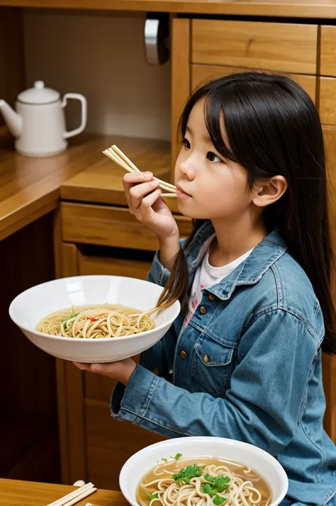 Draw a girl eating a bowl of noodles