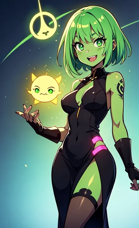 black skin, anime woman, happy, glowing green eyes, glowing green tattoos, extremely short glowing green hair, wearing a black dress