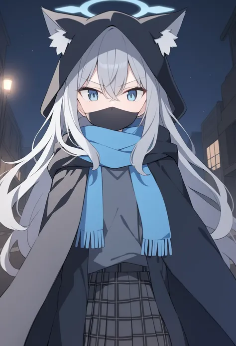 girl，silver long hair, blue eyes, draped in a black cloak,wearing a black mask，a sky blue scarf, black gloves, and black plaid s...