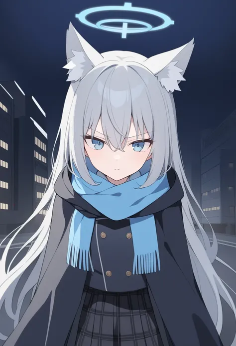 girl，Silver long hair, blue eyes, Draped in a black cloak,Wearing a black mask，A sky blue scarf, Black gloves, And black plaid skirt, On empty streets，Serious expression, blue halo，black hood，Put on your hat，Gray wolf ears，night