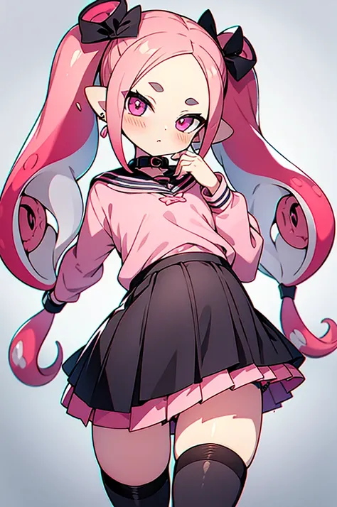 Insanely detailed super accurate anime illustration,pink sweater with vertical lines,
black pleated skirt,
earrings,garter belt,
black knee socks,pink twintails, pink skirt, collar, bow, black thighhighs, black footwear,
splatoons octoling,octopus girl,for...