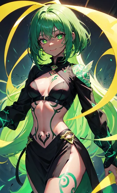 black skin, anime woman, happy, glowing green eyes, glowing green tattoos, extremely short glowing green hair, wearing a black dress