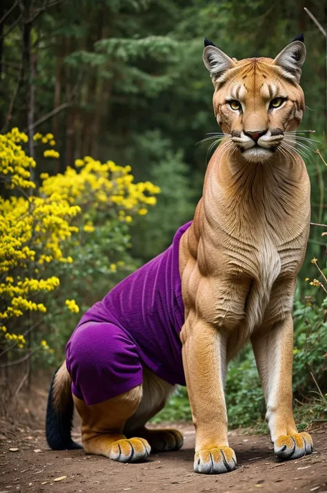 Make a mascot that is a full-body muscular Andean puma with a purple and yellow shirt and yellow and purple pants 