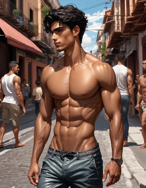 in hentai+ yaoi+anime style (( NAKED fullbody)) hd, 8k resolution, FULLBODY, 16k resolution, hd, fullbody, ((view from the front)) 3 diferent races young men, latino, ginger and black walkng on a street in mexico skin, thin face, straight nose, thin lips, ...