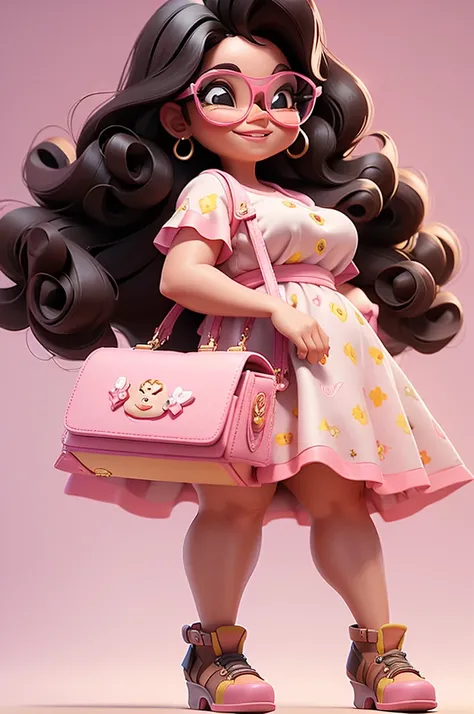 An illustration of a slightly chubby Latina woman, light brown skin, with long curly black hair, wearing glasses, smiling happily, she is wearing a pink dress, wearing shoes, she is holding a pink bag with gold details, background white, 3D pixar style