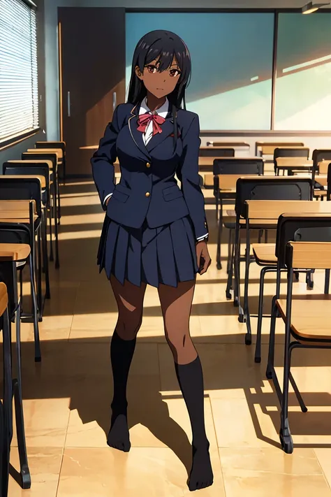 Anime girl, highschool girl, long elegant black hair,highschool uniform, dark skin, whole body, without shoes, classroom photography 