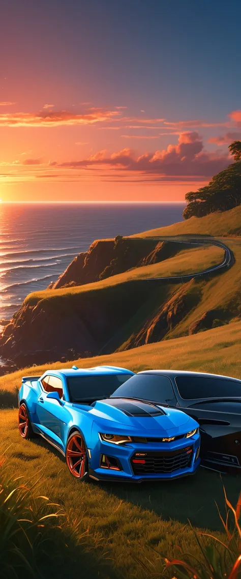 High quality, 8K Ultra HD. The image shows a boy next to an anime Camaro ZL1 looking at the ocean at sunrise from a grassy hill, with a background of vibrant blue sky and red and orange tones of the sun. anime art wallpaper 4k, anime art wallpaper 4K, anim...