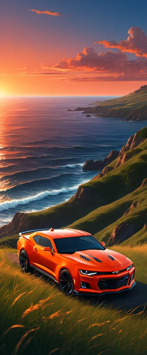 High quality, 8K Ultra HD. The image shows a boy next to an anime Camaro ZL1 looking at the ocean at sunrise from a grassy hill, with a background of vibrant blue sky and red and orange tones of the sun. anime art wallpaper 4k, anime art wallpaper 4K, anim...