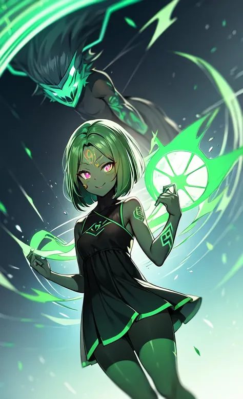 black skin, anime woman, happy, glowing green eyes, glowing green tattoos, extremely short glowing green hair, wearing a black dress