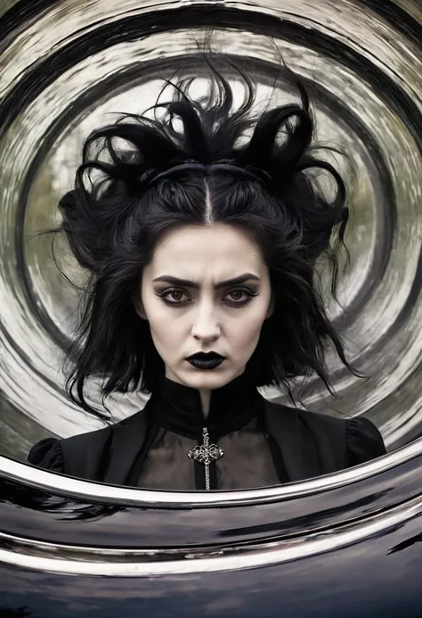 11. A gothic portrait capturing car in rotating motion, emphasizing hair and conveying sadness.