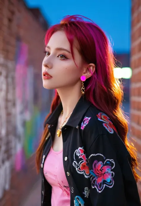 (masterpiece, best quality, 1 girl, Solitary, Intricate details, Chromatic Aberration), Practical, ((Moderate breathing)),Long hair, Red hair, Red decoration on head, Pink highlights, Amber eyes, earrings, Sharp eyes, necklace, Neon shirt, Ripped shorts, U...