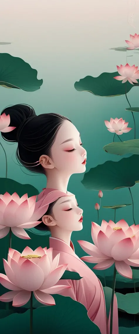 vector，Flat form，illustration，The Minimalists，数字艺术illustration，Pink hue，Abstract，artistic conception，Blooming，A little girl，dancer；Pink clothing；Pretty Face，Black Hair，Hairpin；Lotus pond，Lotus flower decoration corner；Diving sensation，above（Light cyan）Lots...