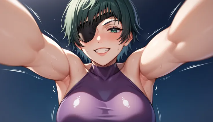 mature female, mature, Adult, himeno, himeno(Chainsaw Man), 1girl, black hair, short hair, eyepatch, solo, seductive smile, grin, nsfw, Villains, Spread arms, Raise arms, shaking body, waving body, blush, aroused, in heat, night, Dark, latex purple leotard...