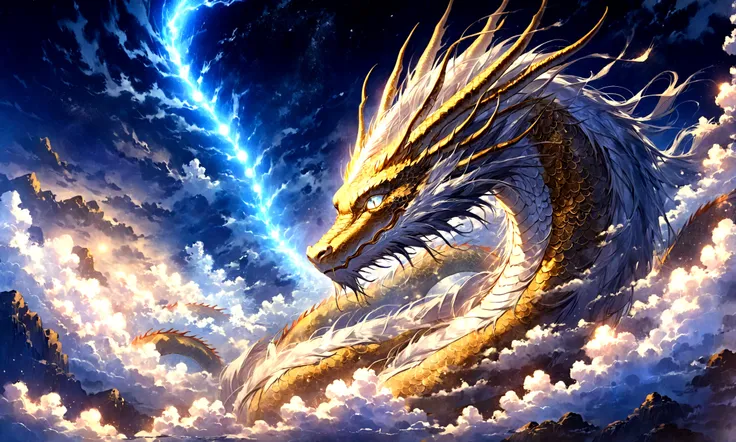 white dragon god, gentle gaze, fantastic background, moonlight background, sea of ​​clouds background, golden splashes, mysterious, divine light, mythical creature, traditional Chinese dragon, myth, speckled light, hazy haze, mysterious aura, masterpiece, ...