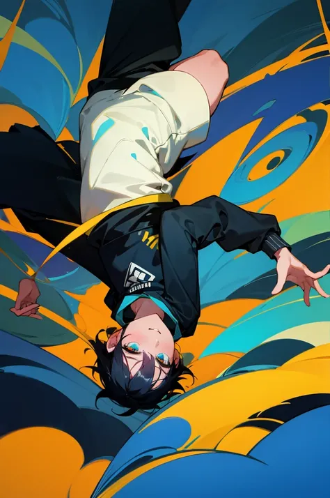 A boy around 7 years old with black hair, cyan and yellow mixed eyes, glowing from his eyes, wearing a black hoodie, floating upside down