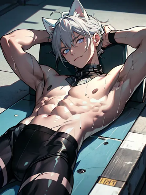 ((Fine details)), Best Shadow,Cinema Lighting,Highest quality,((Very detailed))　masterpiece　The body is slim　Embarrassing　Gray Hair　Torn tights　The electricity started　get wet　Big eyes　thin　The suit was torn　Upper body naked　sweating　Delicate body　Pitch bl...