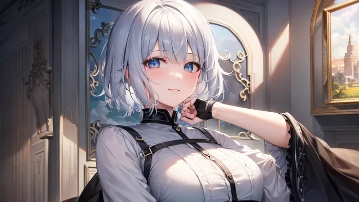 Ultra HD,Look at the viewers, Put your hands behind your back, With a girl, 20-year-old, 非常にShort Hair, Long bangs between the eyes, Pale blue eyes,  Very detailed,(masterpiece、Highest quality),Gray Hair、Laughter、Fantastic, Silver Hair, Iris,  Short hair、 ...