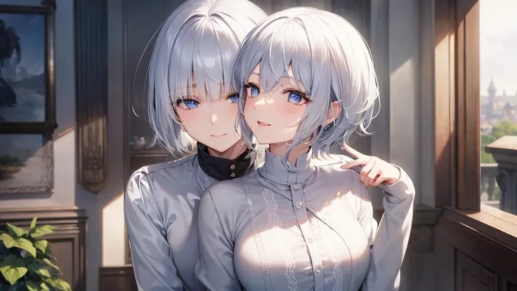 Ultra HD,Look at the viewers, Put your hands behind your back, With a girl, 20-year-old, 非常にShort Hair, Long bangs between the eyes, Pale blue eyes,  Very detailed,(masterpiece、Highest quality),Gray Hair、Laughter、Fantastic, Silver Hair, Iris,  Short hair、 ...