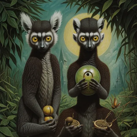 A strange lemur with a large head and huge green eyes: his body is small compared to his head, in his hands he is holding insects. In the Remedios Varo pictorial style. 