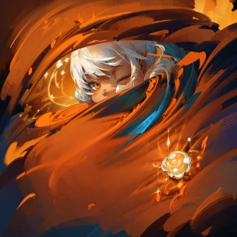 a 10 year old boy with fluffy white hair,orange wizard cloak,orange wizard hat,white tie,cute happy face,beautiful detailed eyes,beautiful detailed That has the power of the sun that has the magic of the galaxies that has a star on its orange staff at the ...