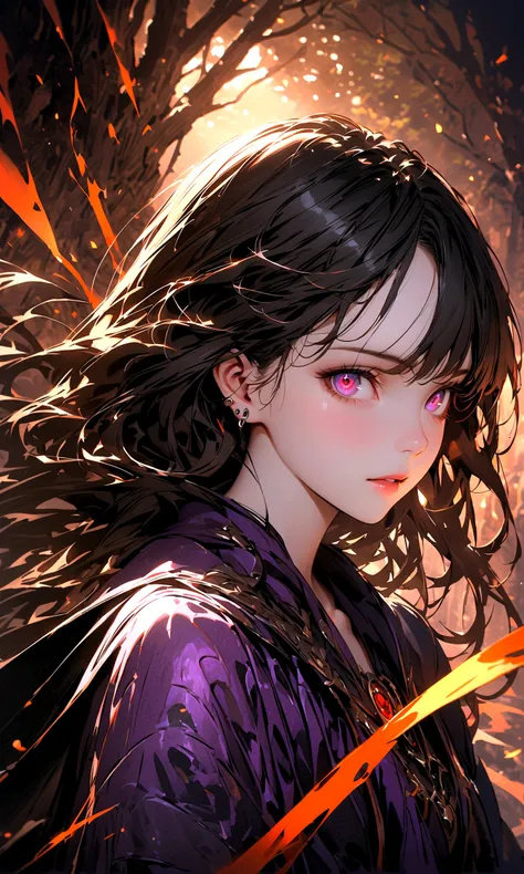 female (mage, age of 29, long hair, black hair, floating hair, dark colored eyes, black and purple robes, pale skin, mysterious face, piercing eyes) is invoking shadows), (shadows swirling around), beautiful dark forest scene, twisted trees and eerie atmos...