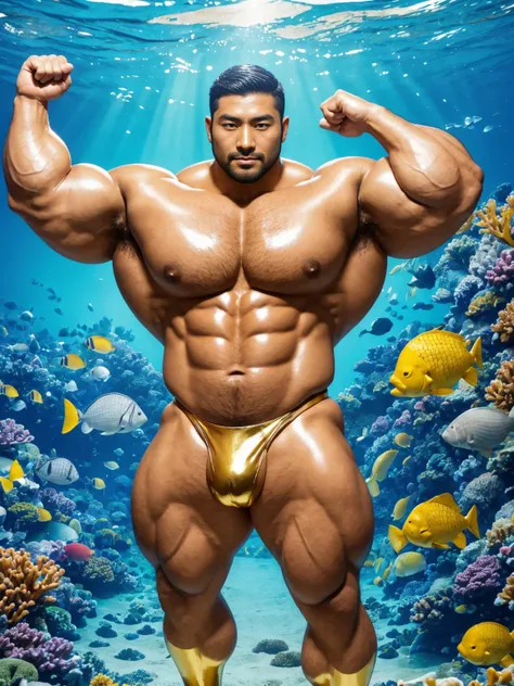 There is only one handsome Asian actor in the photo，35 years old，High target, Fitness，short hair, O-Shaped Beard，Perfect body, Dark skin color，Radiant Skin，Smooth skin，Shiny, shiny skin，Smooth pectoral muscles，No chest hair，No body hair，Muscle bulge, muscu...