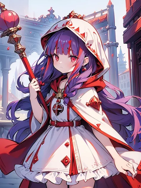 ((((Princess of Moonberg)))), ((1little girl)), ((drooing eyes)),(((deep purple hair))), ((Blunt bangs)), (Fluffy long hair), (Deep red eyes), Pearl earrings,
((((red hood)))), (Lotto emblem on hood), (((Red Stall))),  ((White robe with red edging)),  
Hol...