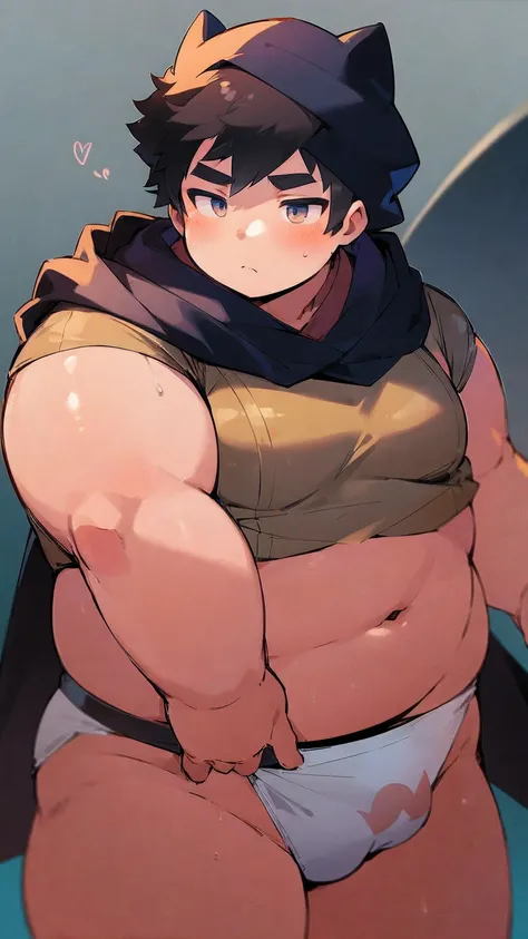 ((androgynous)), beautiful, (pudgy face), (thick),(ikemen), ((boyish)), (handsome), (chubby), belly, muscular, (beefy), ((Ninja)), (cool), ((Wearing a black hood)), (Only the eyes are visible through the hood)