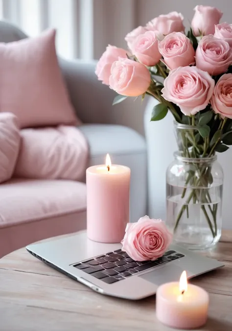 high quality,Official Art,Laptop,Instagram style,On the table,Fashionable Cafe,Candles,pale pink,Grayish pale pink,Sense of luxury,Postcard style,Shabby chic,Transparency,Light,Background Blur,