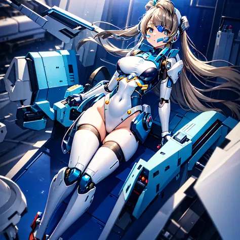 masterpiece, high quality, Inside the Institute of Mechanization、On the operating table during remodeling surgery、Minami Kotori, who has been turned into a mechanical body cyborg、Gynoid cyborg body modification surgery、Blue and white leotard armor、Mechaniz...