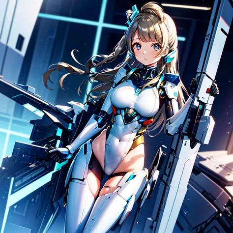 masterpiece, high quality, Inside the Institute of Mechanization、On the operating table during remodeling surgery、Minami Kotori, who has been turned into a mechanical body cyborg、Gynoid cyborg body modification surgery、Blue and white leotard armor、Mechaniz...