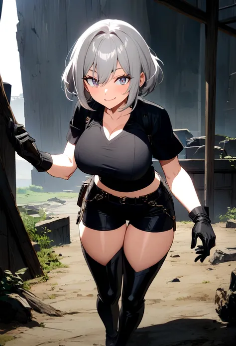 anime　anime　whole　Semi-short hair　Short Bob　Gray Hair　woman　Big Breasts　Gray Hair　Shorts　Black V-neck T-shirt　　anime 　whole body　　anime　whole body　smile　３３age　whole　anime画像　Black gloves　cool　　anime　黒いShorts　　Big Breasts　anime　　anime　field　Black V-neck T-sh...