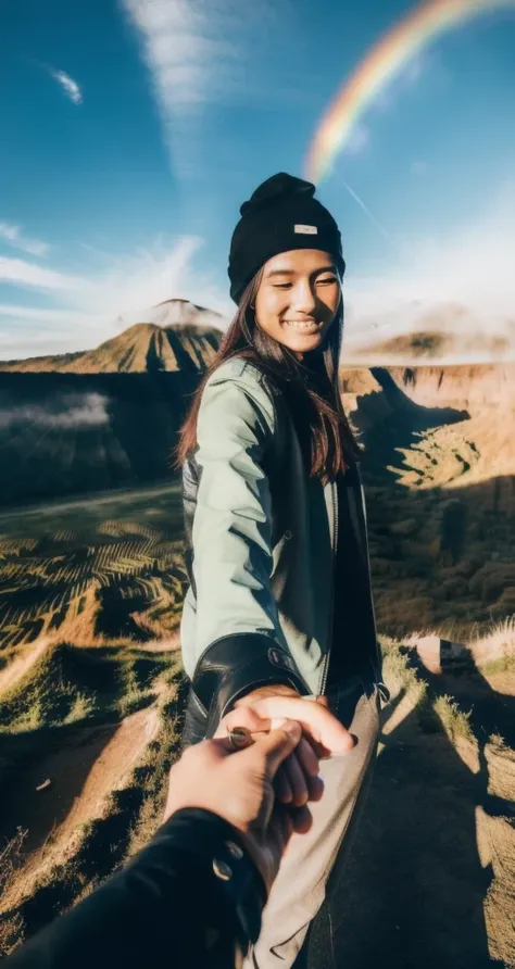 bf_holding_hands,  walking in Bromo Mountain view, rainbow, 
detailed,8k, detailed shadow, 1girl, Omertosa, long hair, black hair, open jacket, leather jacket, beanie, jewelry ,(masterpiece,best quality),
