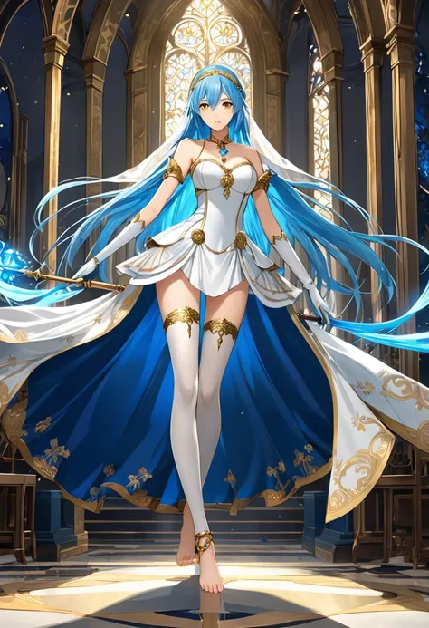 masterpiece, Highest quality, Very detailed, score_9, score_8_upper, score_7_upper, score_6_upper, アニメ, Aqua(Fire emblem), azura_(FEif), Low-tied_long_hair, light_blue_hair, Yellow Eyes, Asymmetrical legwear, barefoot, Opera Gloves, pendant, Single bare le...