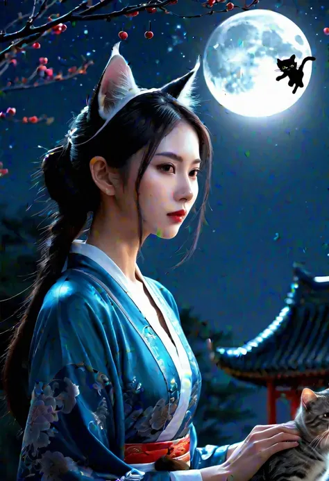 Apparition ，Girl, Cat ear, Beautiful oriental woman, Moonlit Night Background , Realistic Women, lovely
