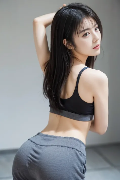 (1 from the back.5) ((Rear View)) Young asian woman doing yoga poses "Cat Pose",Black Yoga Pants,bra,