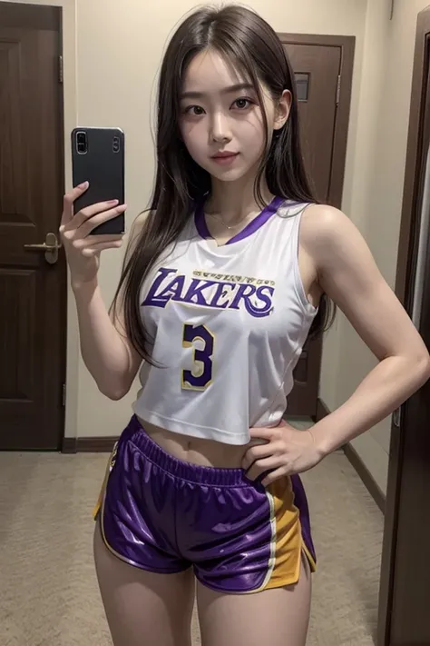 1garota coreana,lakers basketball sleeveless t-shirt, Selfie ,short tight shorts 