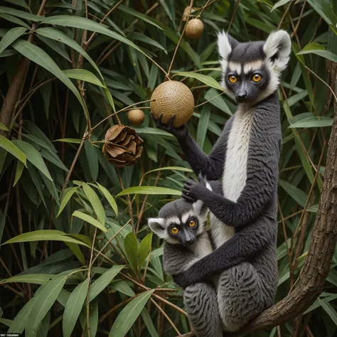 A strange lemur with a large head and huge green eyes: his body is small compared to his head, in his hands he is holding insects. In the pictorial style of Leonora Carrington 