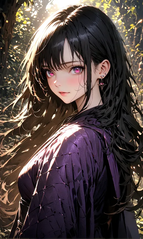 female (mage, age of 29, long hair, black hair, floating hair, dark colored eyes, black and purple robes, pale skin, mysterious face, piercing eyes) is invoking shadows), (shadows swirling around), beautiful dark forest scene, twisted trees and eerie atmos...