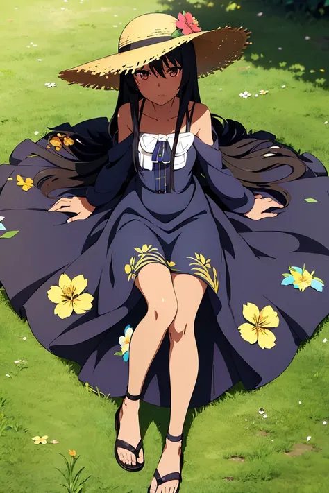 Anime girl, long black hair, flower pattern blue dress, straw hat, sandals, dark skin, whole body, park photography 