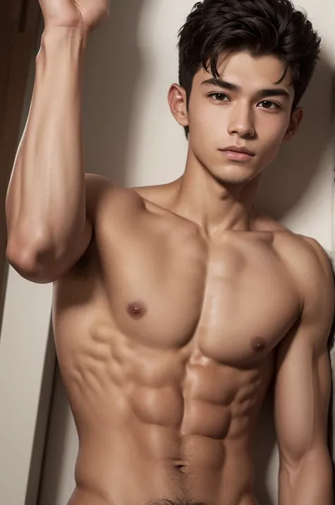 A man, approximately 16 years old, with a toned body, no shirt