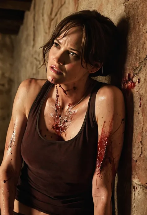 (dutch angle:1.6), (cowboy shot:1.4), (Short brunette hair), (beautiful female), ((Jennifer Garner:1.2),(Emma Stone:1), (blood on face from head wound:1.4),  ((Dynamic pose, leaning on wall for support)), trying desperately to  escape,  in a chilling scene...