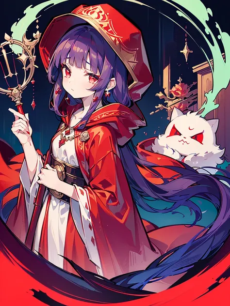 ((((Princess of Moonberg)))), ((1little girl)), ((drooing eyes)),(((deep purple hair))), ((Blunt bangs)), (Fluffy long hair), (Deep red eyes), Pearl earrings,
((((red hood)))), (Lotto emblem on hood), (((Red Stall))),  ((White robe with red edging)),  
Hol...