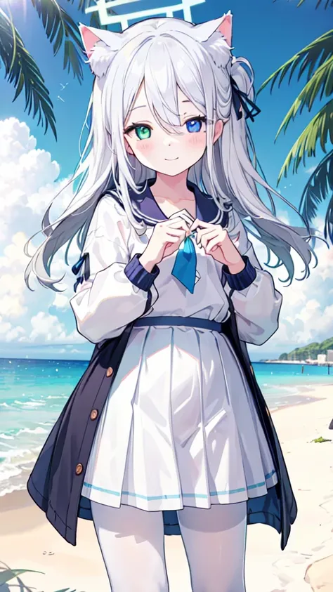 White sailor suit，White skirt，White pantyhose，White hair，Long hair，Cat ear，Heterochromia blue-yellow，Smile，Female face，There are bright spots in the eyes，Female hands，White little hands，Normal fingers，flat chest，Solitary，Summer，Beach，Halo
