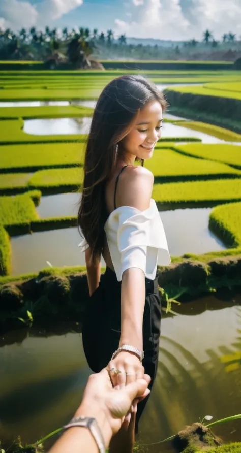 bf_holding_hands,  walking into rice fields in bali, rainbow, 
detailed,8k, detailed shadow, 1girl, Omertosa, long hair, black hair, open jacket, white transparant tank top, jewelry ,(masterpiece,best quality),
