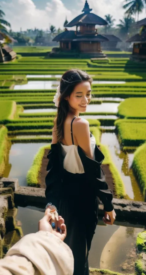 bf_holding_hands,  walking into rice fields in bali, rainbow, 
detailed,8k, detailed shadow, 1girl, Omertosa, long hair, black hair, open jacket, white transparant tank top, jewelry ,(masterpiece,best quality),
