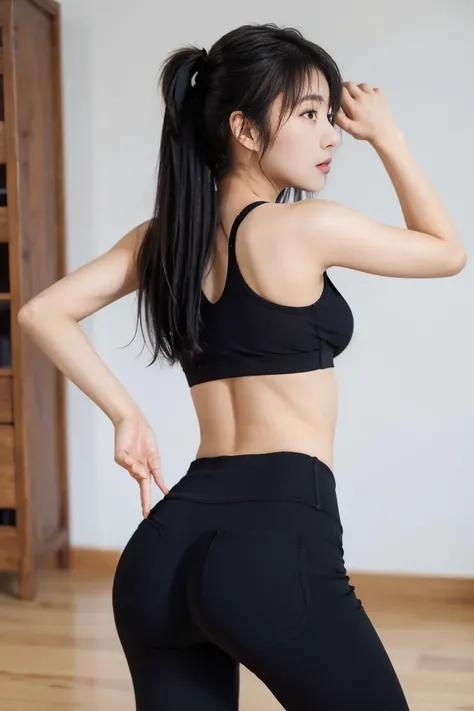 (1 from the back.5) ((Rear View)) Young asian woman doing yoga poses "Place both hands on the ground, push your hips up, and straighten your back.",Black Yoga Pants,bra,