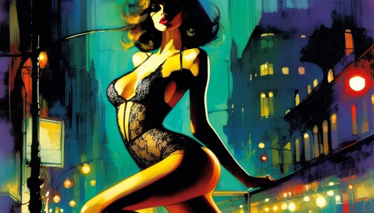 the sexy girl, night, lace dress  image( art inspired by Bill Sienkiewicz, oil painting) beautiful slim thin figure, big breasts, seductive, Vulgar, erotic pose, sexy, heels, stockings, Beautiful lingerie, sexy pose, arched, city lights
