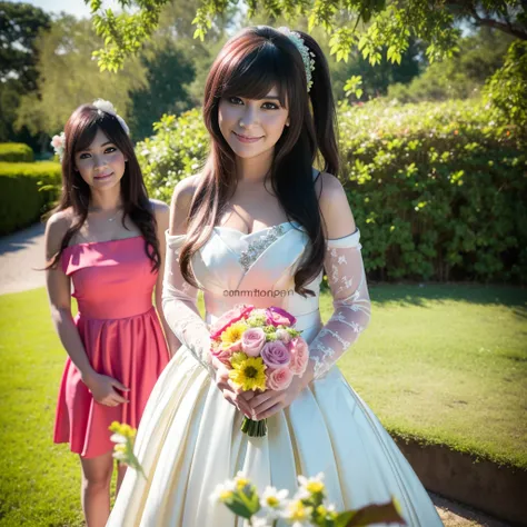 a beautiful woman wearing a pink mini dress, cleavage, off the shoulder, long hair and bangs, taking photos with the bride and g...